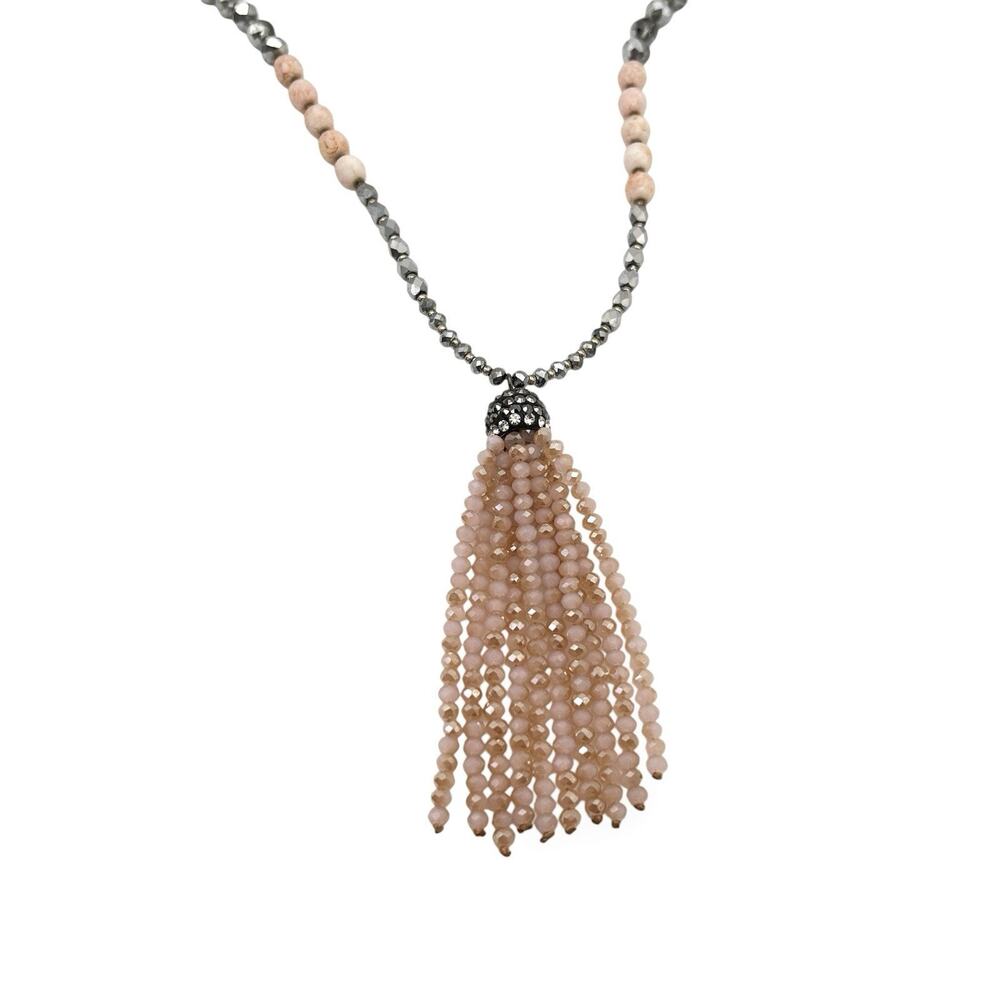 Beaded Tassel Necklace Soft Pink Gray Faceted Sparkly Glam Statement Boho Chic